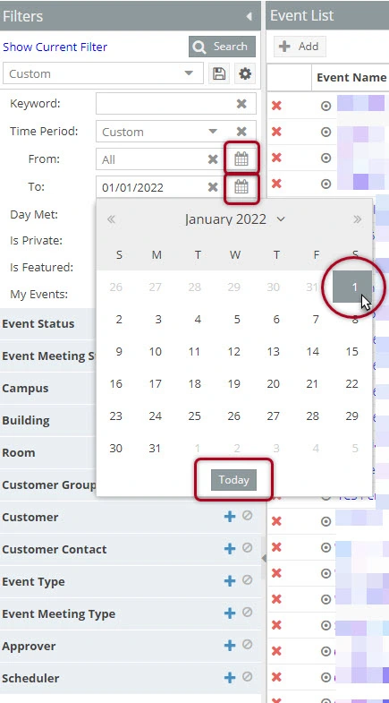 filter panel date selection