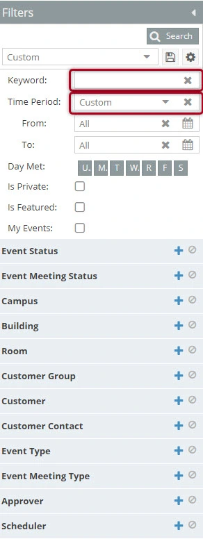 filter panel keyword and date range
